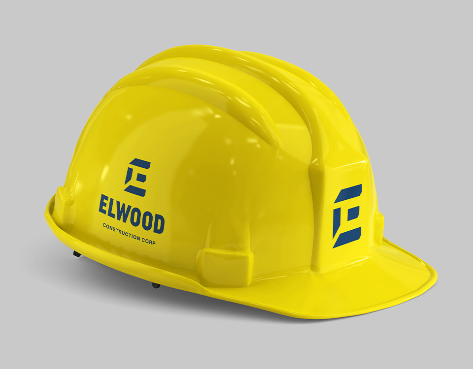Elwood logo concept applied to construction hard hat