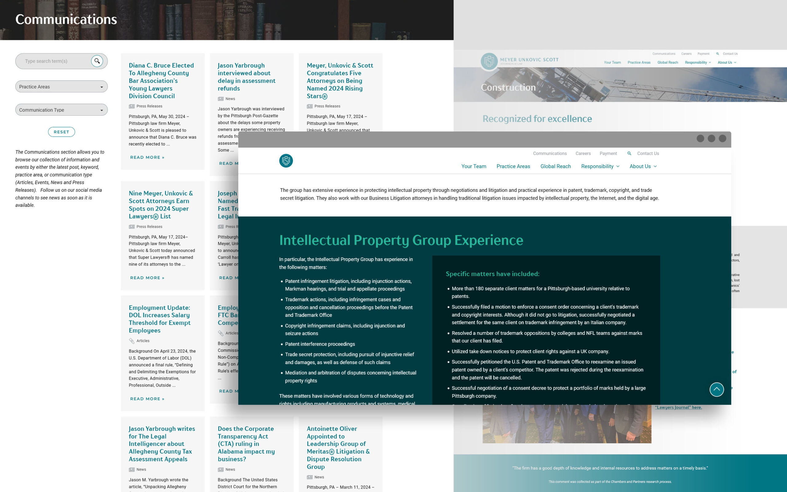 MUS Law Website Sticky Navigation, Communications Archive, and Practice Area page