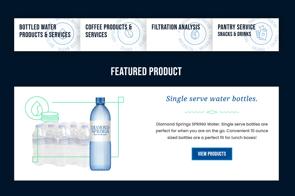 Diamond Springs Website Home page key services and featured product area