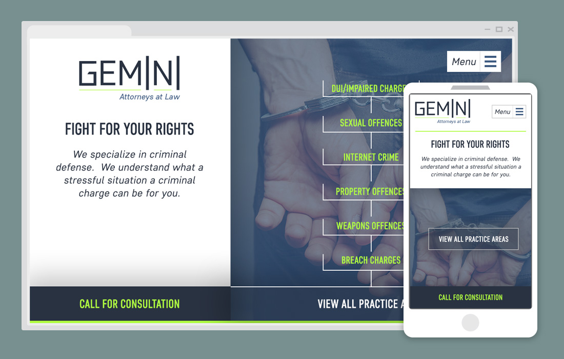 Example lawfirm website & mobile view - unquie navigation minimal appearance